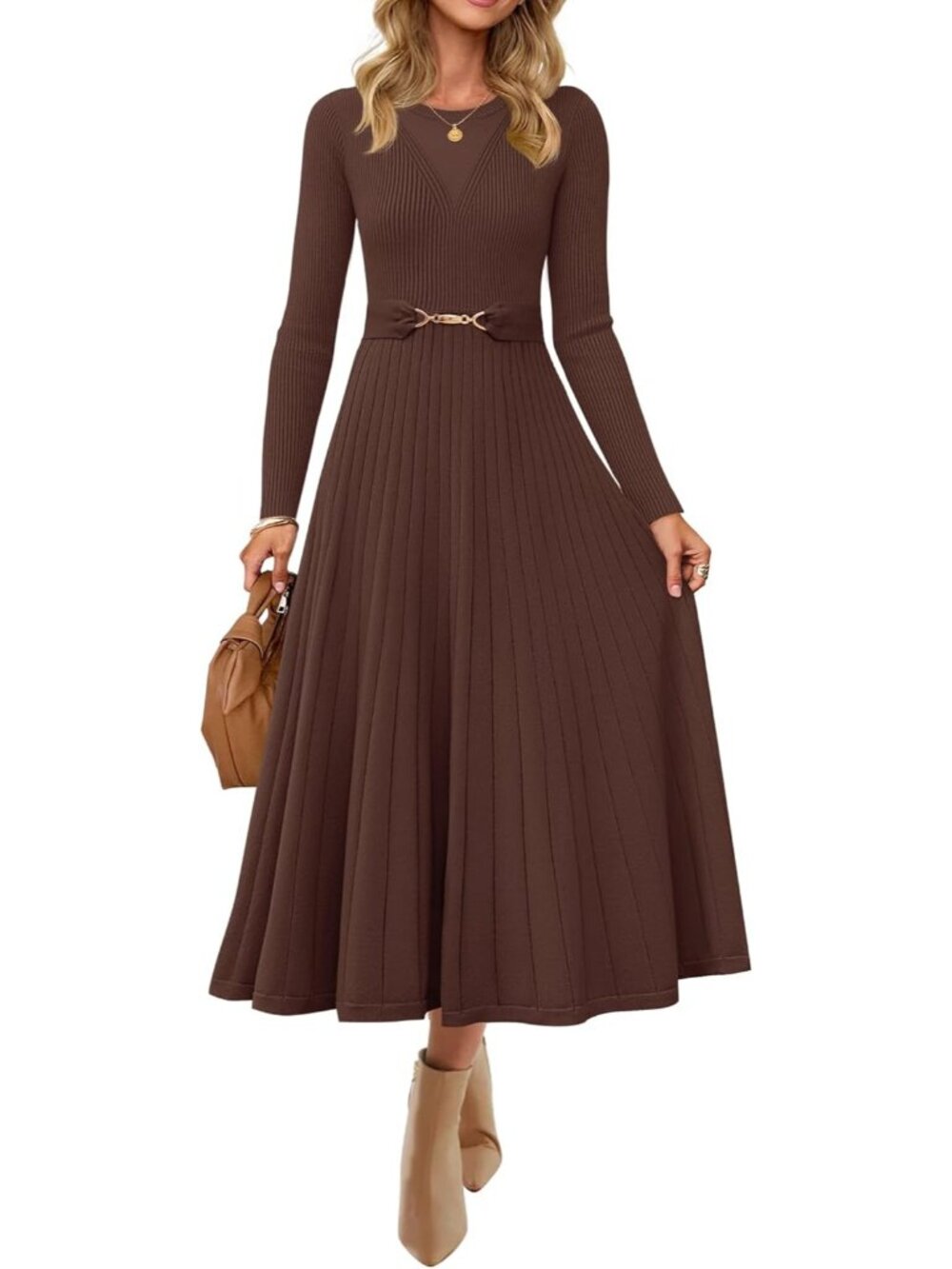 🆕Women's Coffee Long Sleeve Crew Neck High Waist A line Midi Sweater Dress